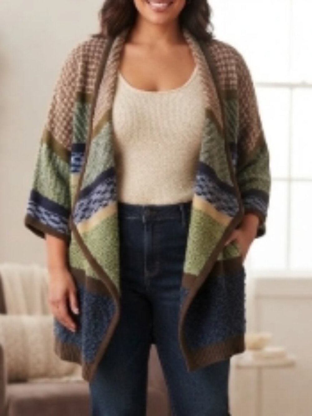 Liz Claiborne Earthy Mixed Knit Patchwork Cardigan Sweater Plus 2X Boho Layering
